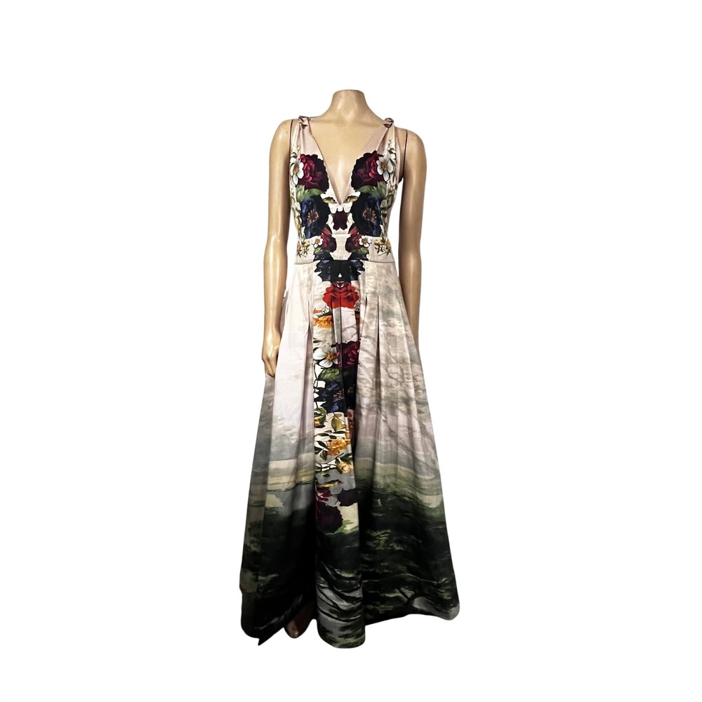 Alice + Olivia Forbidden Forest Floral Satin Maxi Gown Dress | Size 14 - Picture 4 of 7